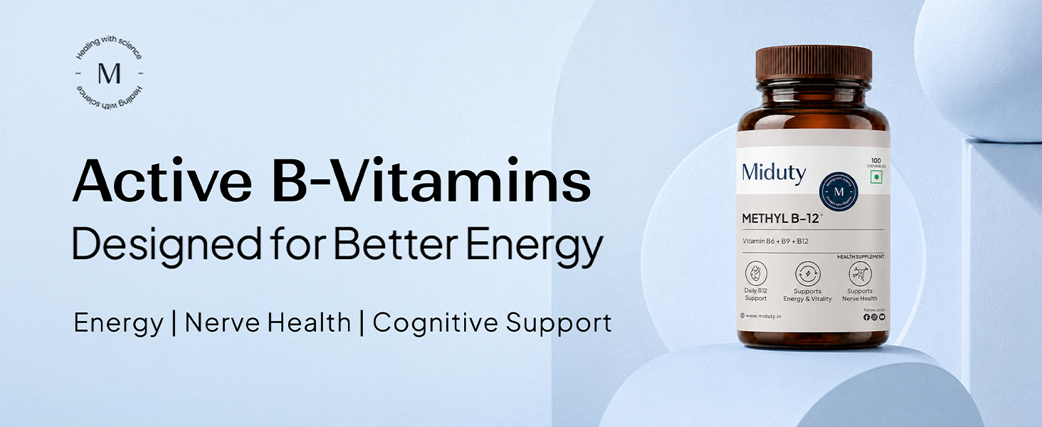 Miduty Vitamin B12 Supplement - Bioactive B-Complex with B6, B9, B12 – Daily Energy Support - Triple Formula for Mood, Brain & Nerve Support – Fast Absorbing Chewable – 100 Veg Tablets