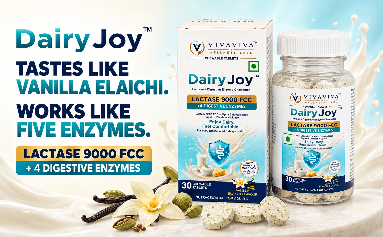 VIVAVIVA DairyJoy Tablets | 4 Digestive Enzymes & Lactase Enzymes 9000 FCC