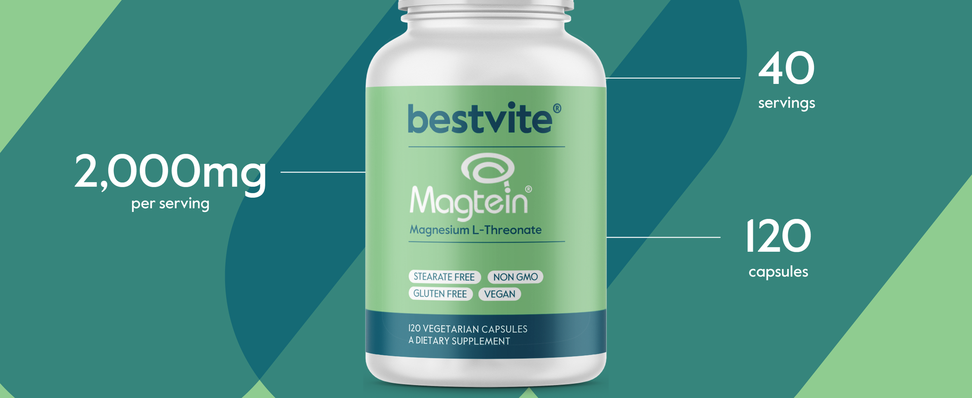 BESTVITE Magtein Magnesium L-Threonate Caps (120 Veg Caps) - No Stearates