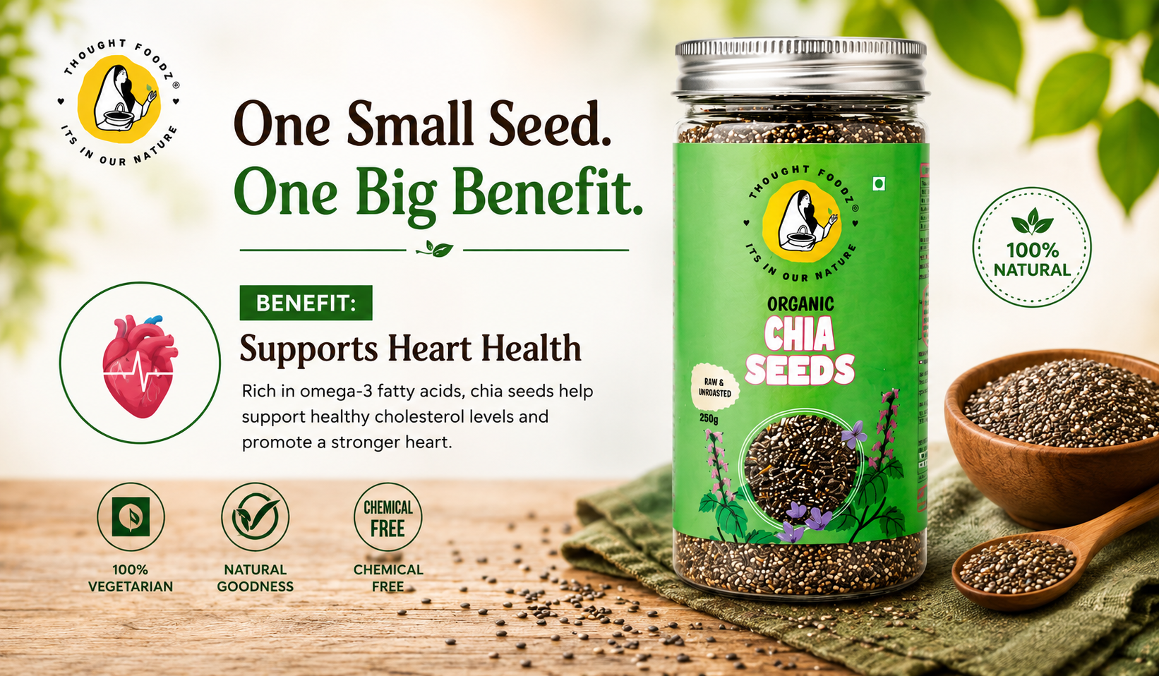 ThoughtFoodz Chia Seeds – 100% Organic & Raw Superfood | High in Omega-3, Fiber & Protein | Ideal for Weight Loss, Digestion & Energy(250gms)