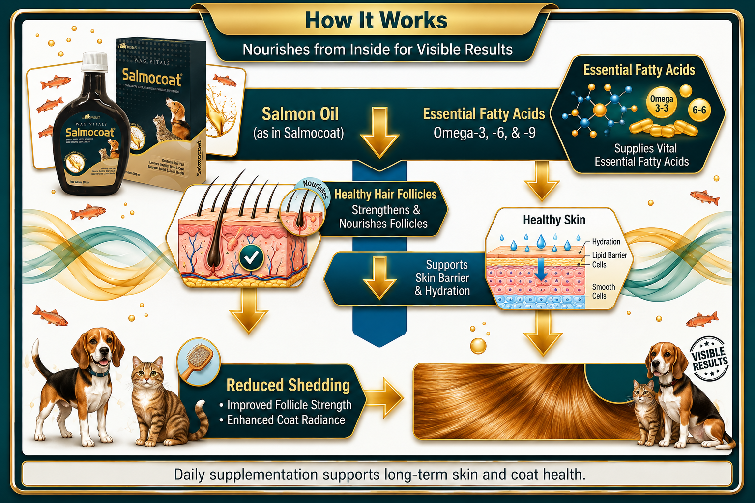 Salmon Oil Supplement for Dogs & Cats | Omega 3 & 6 with Vitamins A & E, Zinc & Biotin for Skin, Coat, Heart & Joint Support | Liquid Formula | 200 ml (Pack of 1)
