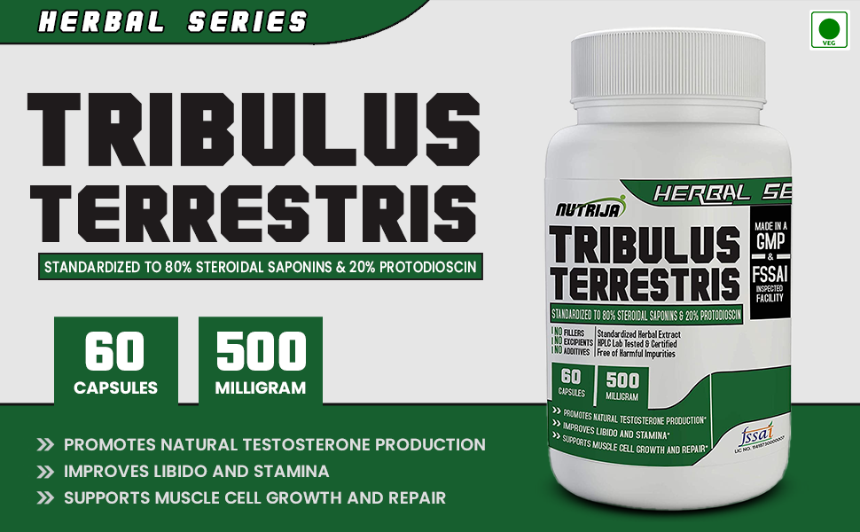 Nutrija Tribulus Terrestris Extract 500mg | 60 Capsules | standardized to 40% Saponins | Supports Natural Testosterone, Muscle Growth & Repair