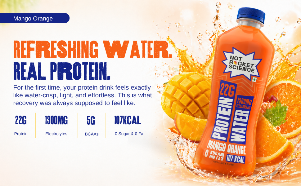 Not Rocket Science Protein Water - Mango Orange | 22g Clear Whey Protein Isolate | 1300mg Electrolytes | 5g BCAAs | Zero Sugar | High Protein Drink | 500ml Pack of 3