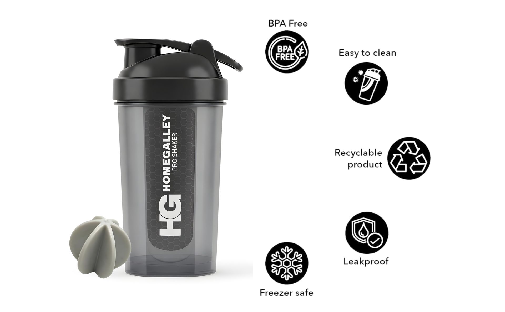 Pro Shaker Bottle with Blender Ball, Leakproof BPA Free Protein Mixer for Gym & Pre/Post Workout with Flip Top Lid, Black 500ml