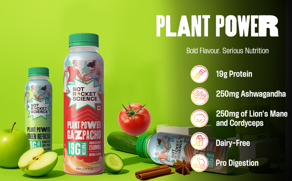Not Rocket Science Plant Power Combo Pack (Gazpacho, Green Refresh & Spiced Chai) | 19g Plant Protein Shake Each | Gluten-Free | No Artificial Sweetener | With 250 mg Functional Adaptogens | 280ml × 3