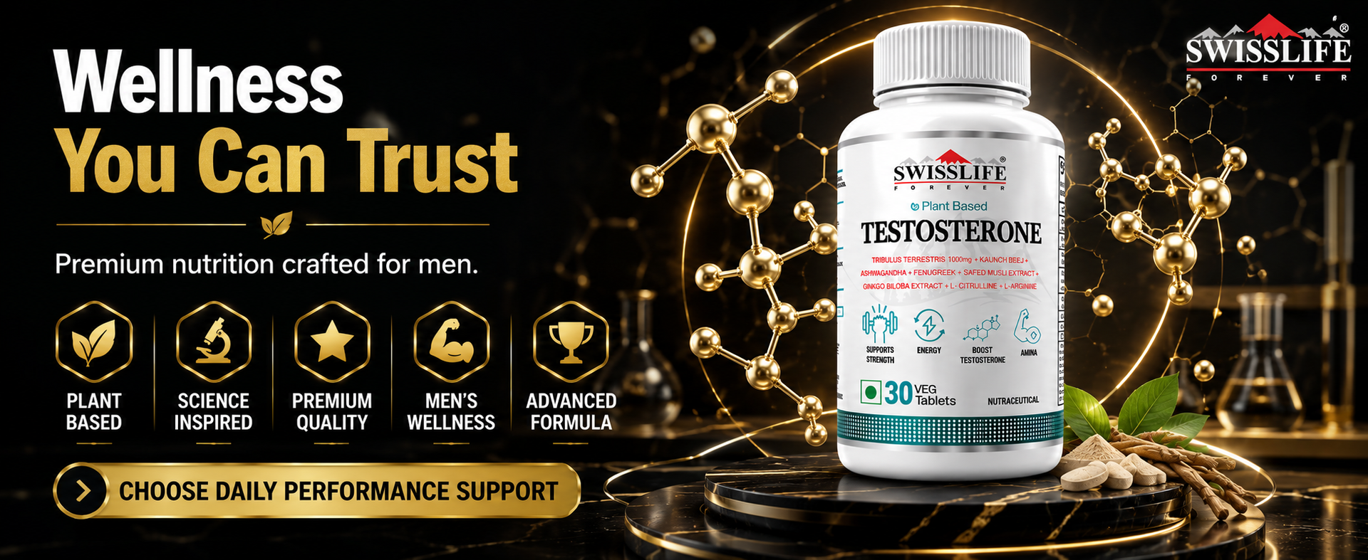 Swisslife Forever Testosterone Supplement for Men | Tribulus 1000mg, Ashwagandha, L-Arginine, L-Citrulline, Kaunch Beej | Natural Energy, Strength, Stamina & Performance Support | 30 Tablets | Plant-Based Formula