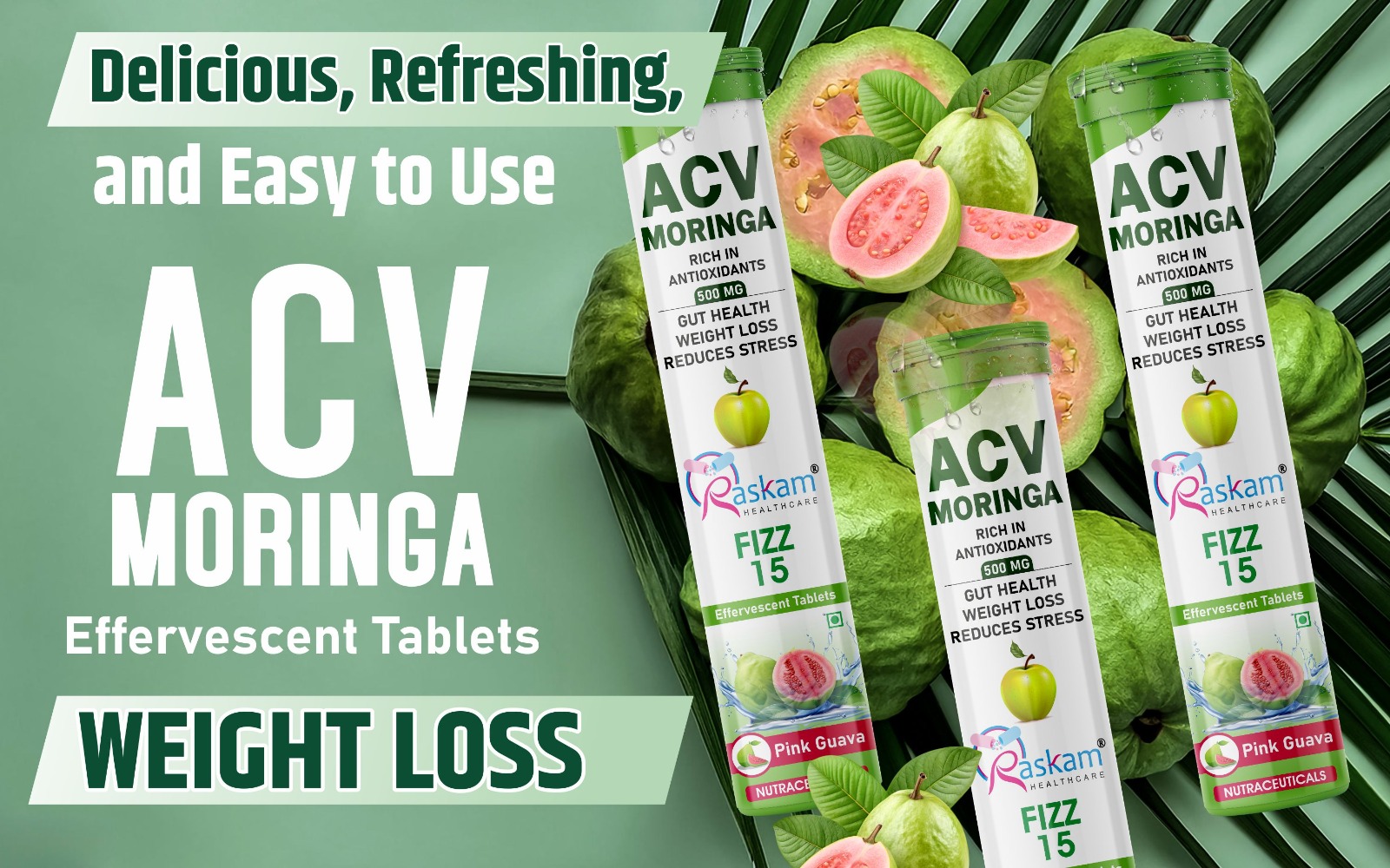 Apple Cider Vinegar (ACV) Moringa Effervescent Tablets 500mg – Guava Flavor, No Added Sugar, Antioxidant Immunity & Appetite Support – 15 Fizz Tabs (Pack of 8)