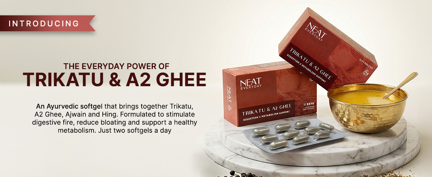 NEAT EVERYDAY Trikatu & A2 Ghee Capsules | Digestion & Metabolism Support | Vegetarian Soft Capsules | Ayurvedic Herbal Supplement | 60 Capsules