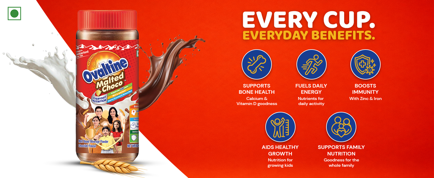 OVALTINE Malted Health Drink Chocolate Flavour Powder, Health Drink for Kids Adults, Nutrition Drink with Vitamins Minerals, Tasty Milk Mix in Glass Jar Daily Energy & Wellness, 400g (Pack of 1)