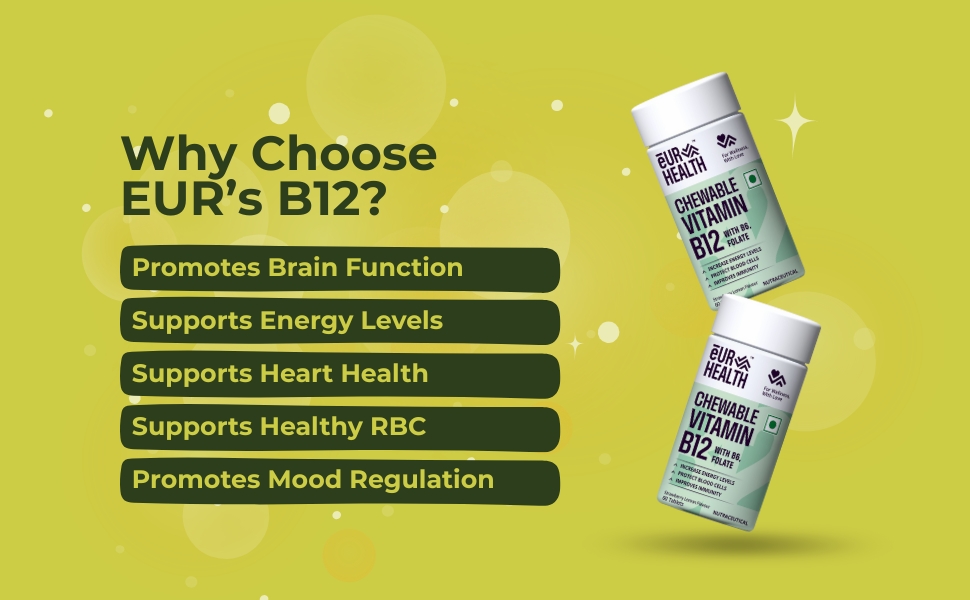 Eur Health Vitamin B12 with Methyl Folate Vitamin B6 Chewable Tablets Strawberry andLemon Flavor - 60 Tablets
