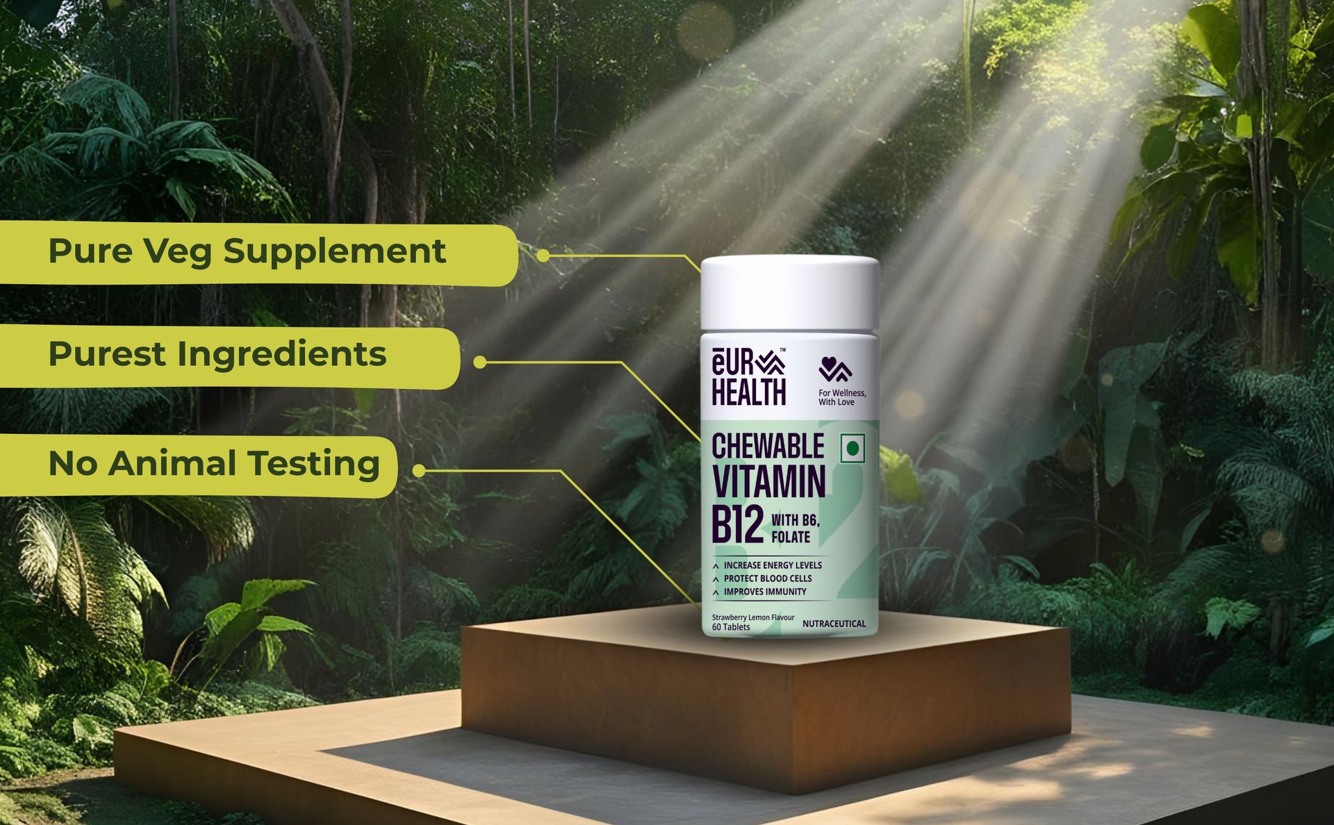 Eur Health Vitamin B12 with Methyl Folate Vitamin B6 Chewable Tablets Strawberry andLemon Flavor - 60 Tablets