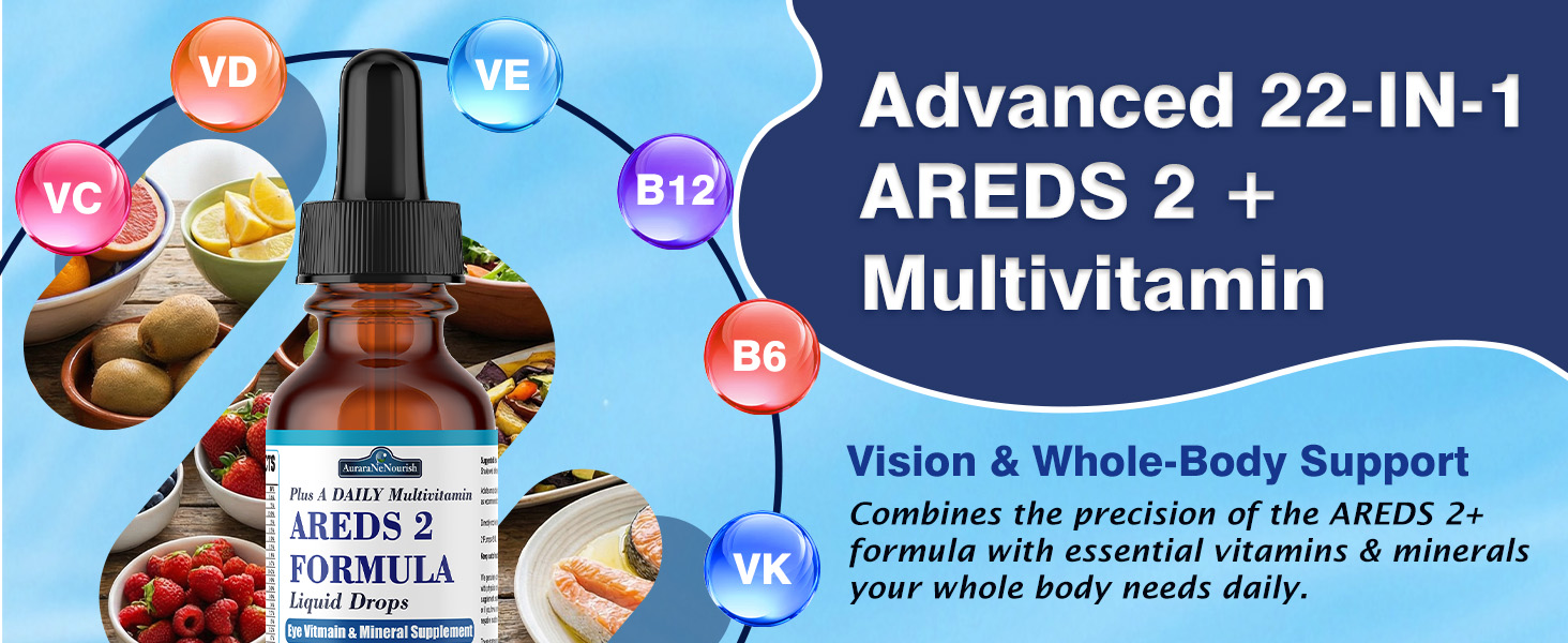 AREDS 2 + Formula Liquid Drops for Macular Health, 22-in-1 Eye Vitamin & Mineral Supplement w. Lutein and Zeaxanthin, Copper, Zinc, Vitamin C, E | Support Vision, Immune & Vitality | Vegan, Non-GMO