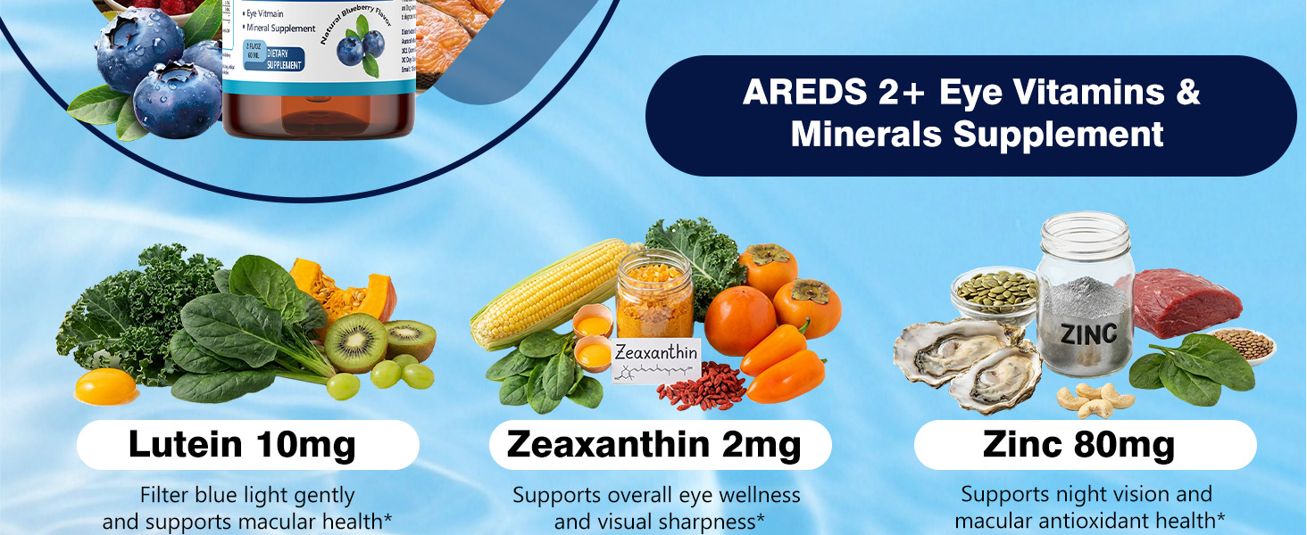 AREDS 2 + Formula Liquid Drops for Macular Health, 22-in-1 Eye Vitamin & Mineral Supplement w. Lutein and Zeaxanthin, Copper, Zinc, Vitamin C, E | Support Vision, Immune & Vitality | Vegan, Non-GMO