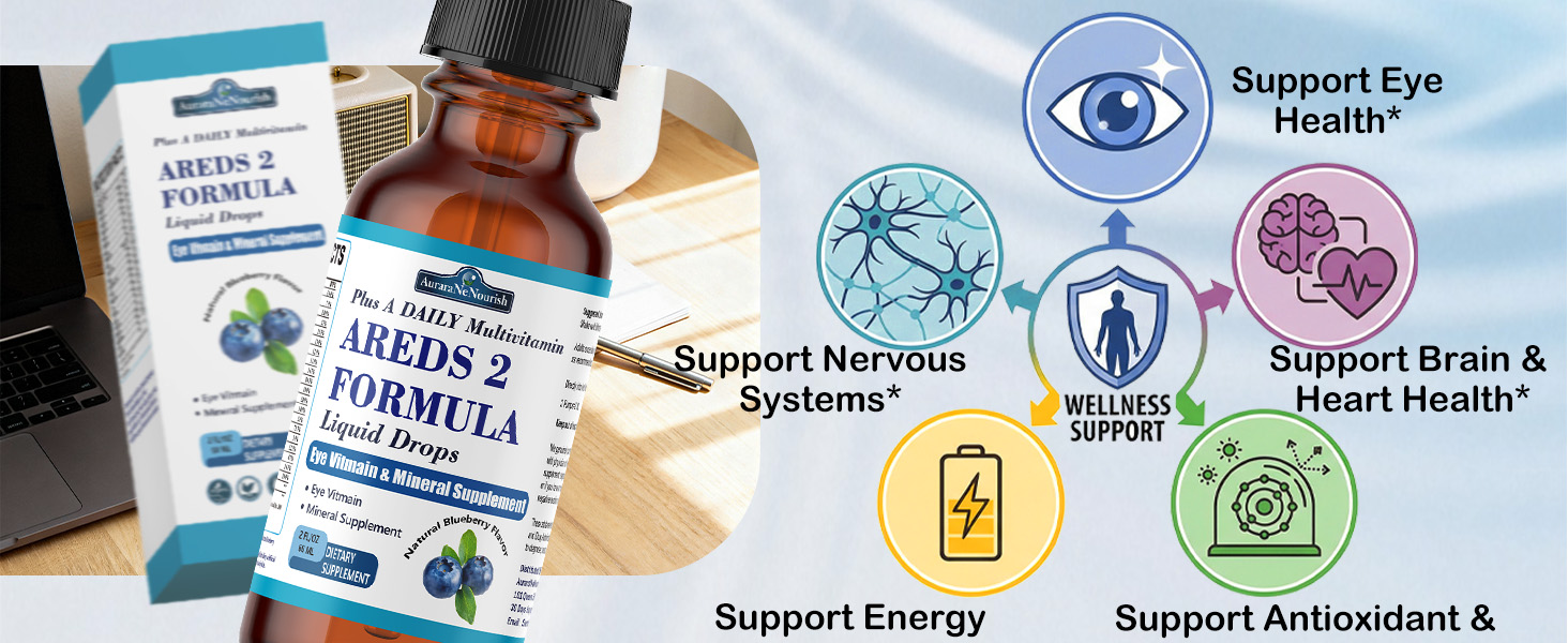 AREDS 2 + Formula Liquid Drops for Macular Health, 22-in-1 Eye Vitamin & Mineral Supplement w. Lutein and Zeaxanthin, Copper, Zinc, Vitamin C, E | Support Vision, Immune & Vitality | Vegan, Non-GMO