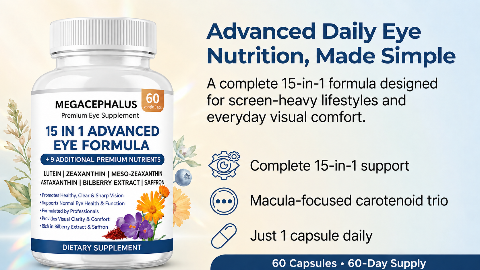 15-in-1 Advanced Eye Formula, Eye Formula with All 3 Carotenoids, Lutein & Zeaxanthin, Bilberry Extract and Saffron, 60 Capsules