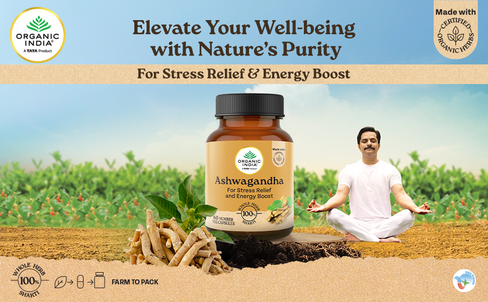 ORGANIC INDIA A TATA Product - Ashwagandha Capsules - 180 Veg Caps, Vitality & Relieves Stress, Naturally Boosts Energy & Stamina, Improves Immune System, GMP & NPOP Certified Organic