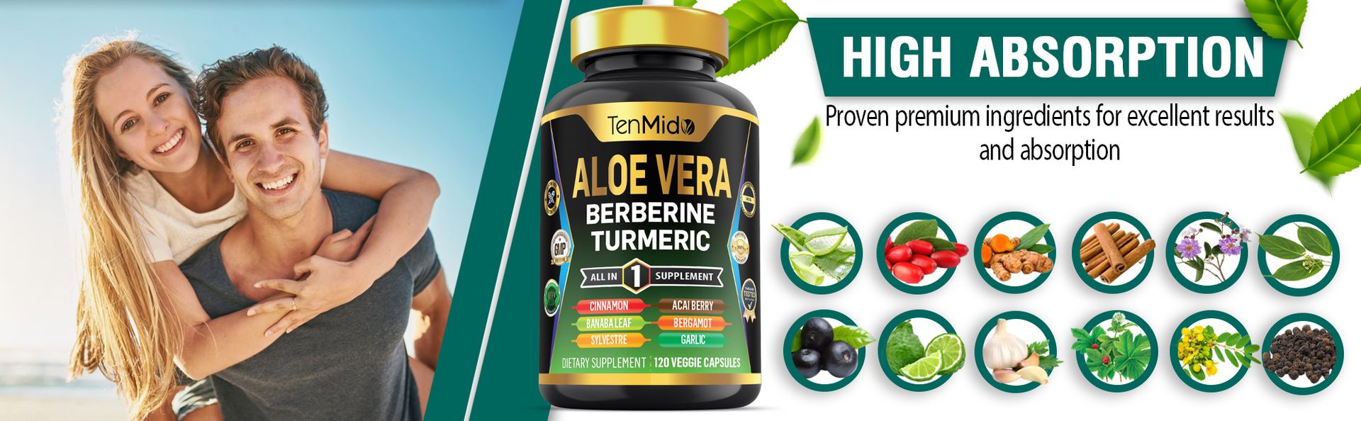 Aloe Vera Capsules Supplement - 12in1 Formula - Combine with Berberine, Turmeric, Ceylon Cinnamon, Banaba Leaf, Gymnema Sylvestre, Acai Berry, Bergamot, Garlic, and More - 120 Capsules
