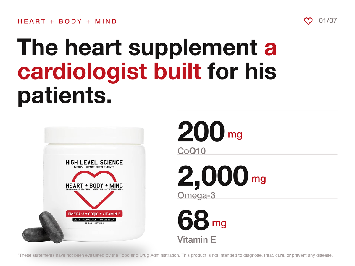 High Level Science CoQ10 + Omega-3 Fish Oil | Cardiologist Formulated Heart Health Supplement | 200mg CoQ10, EPA & DHA, Vitamin E | Triglyceride Form Omega-3 for Heart, Brain & Energy | 60 Softgels