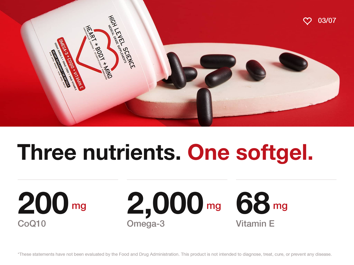 High Level Science CoQ10 + Omega-3 Fish Oil | Cardiologist Formulated Heart Health Supplement | 200mg CoQ10, EPA & DHA, Vitamin E | Triglyceride Form Omega-3 for Heart, Brain & Energy | 60 Softgels