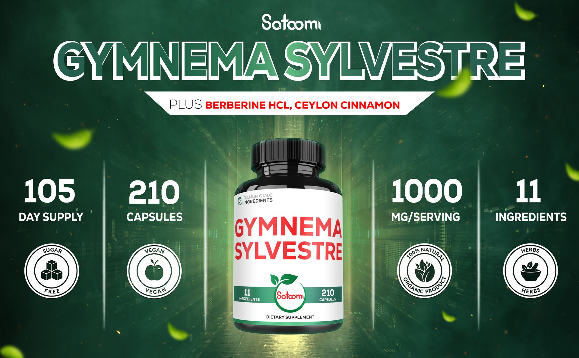 Satoomi 1000mg Gymnema Sylvestre Supplements - 210 Capsules - Gymnema Extract 20:1 with Berberine HCl, Quercetin & More - Support for Immune, Digestive Health & Body Management