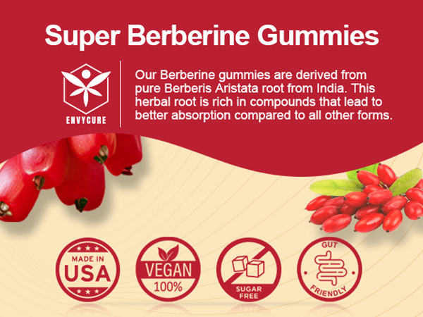 Sugar Free Berberine Gummies, Digestive Balance with 3G Fiber, Vegan, 60cts