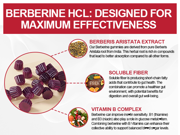 Sugar Free Berberine Gummies, Digestive Balance with 3G Fiber, Vegan, 60cts