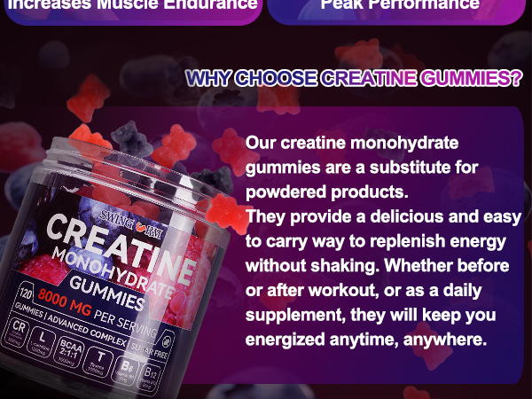 Swing Arm Creatine Monohydrate Gummies 8000 mg for Men & Women, 120 Creatine Gummies for Muscle Growth, Strength & Recovery, Sugar Free Pre-Workout Supplement - Raspberry & Blueberry Flavor