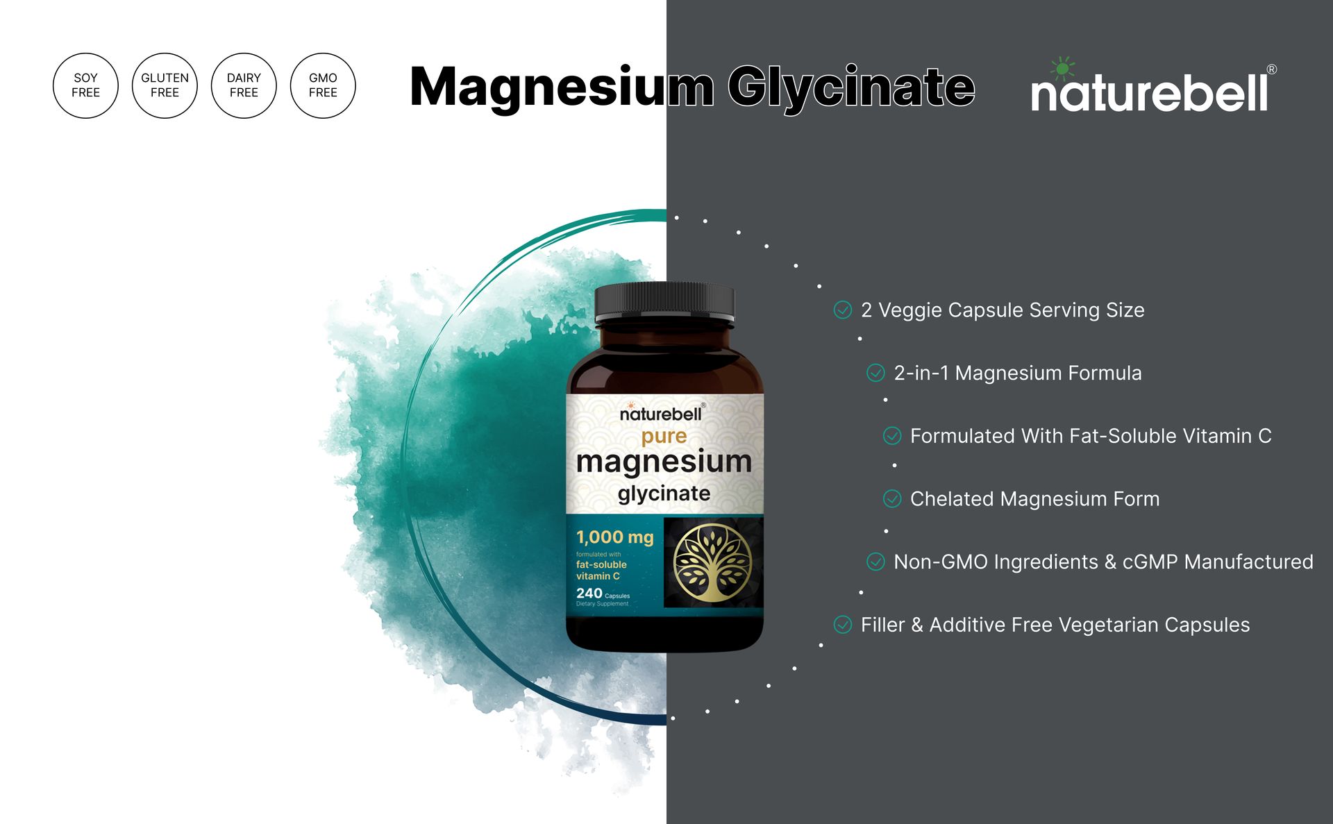 NatureBell Pure Magnesium Glycinate 1000mg Per Serving, 240 Veggie Capsules