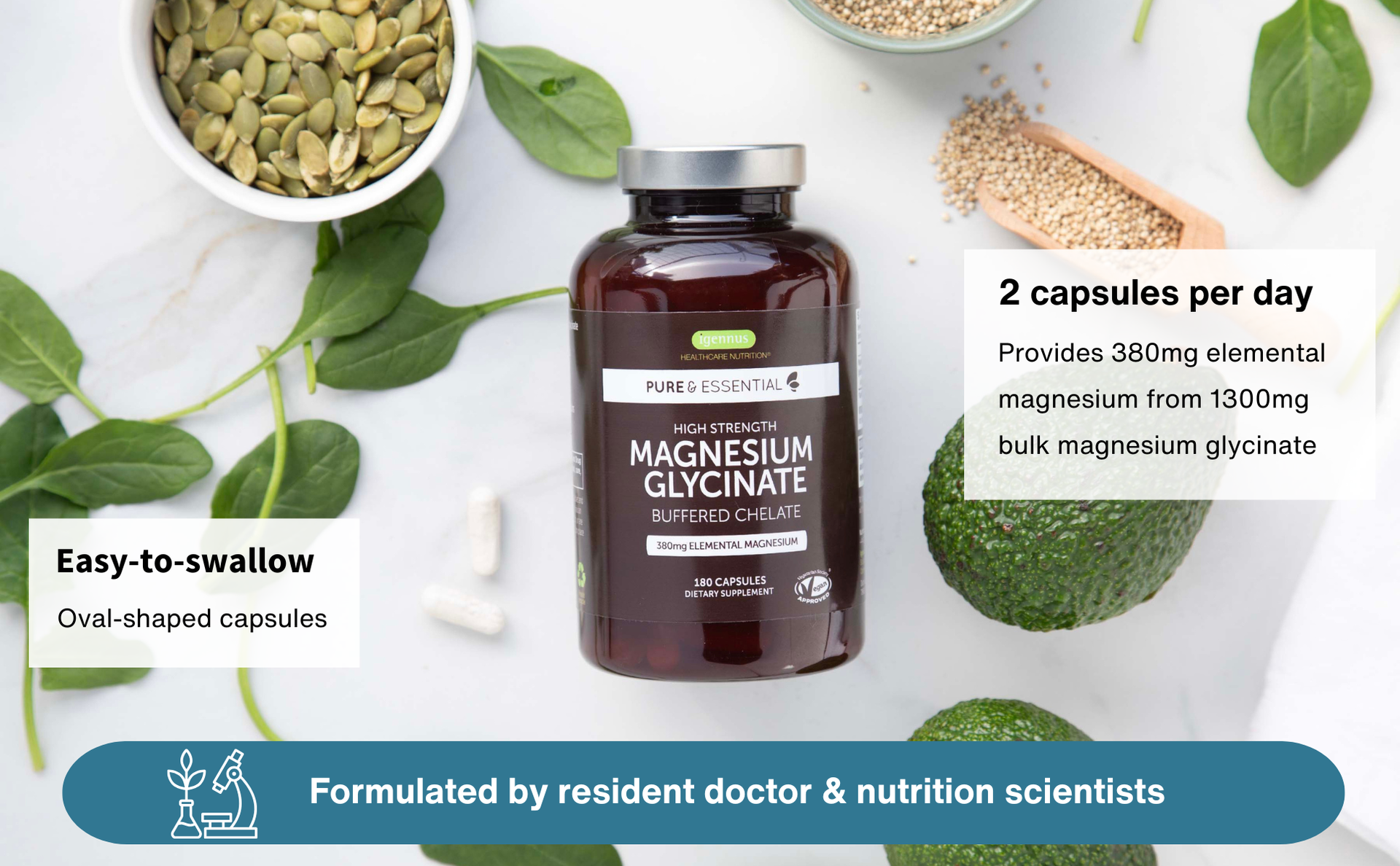 Igennus High Strength Magnesium Glycinate 380mg Elemental, 180 Capsules