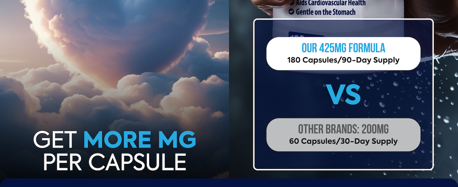 Premium Magnesium Glycinate 425mg - 180 Vegan Capsules - Helps with Stress Relief, Sleep, Muscle Cramps & Healthy Heart |