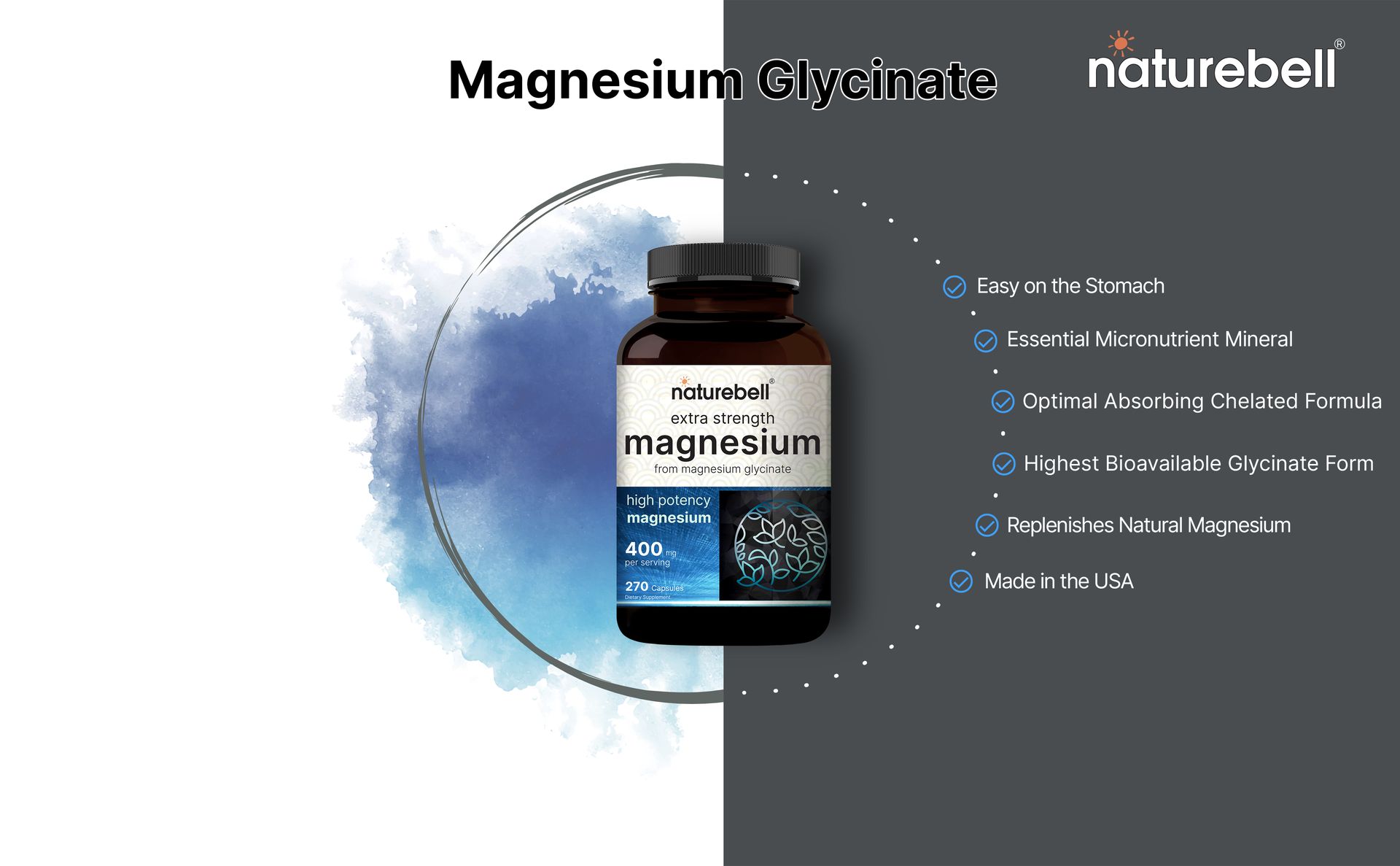 NatureBell Magnesium Glycinate 400mg Elemental, 270 Capsules | 100% Chelated for High Absorption | Supports Muscle, Bone & Heart Health | Non-GMO, Gluten-Free, Vegan
