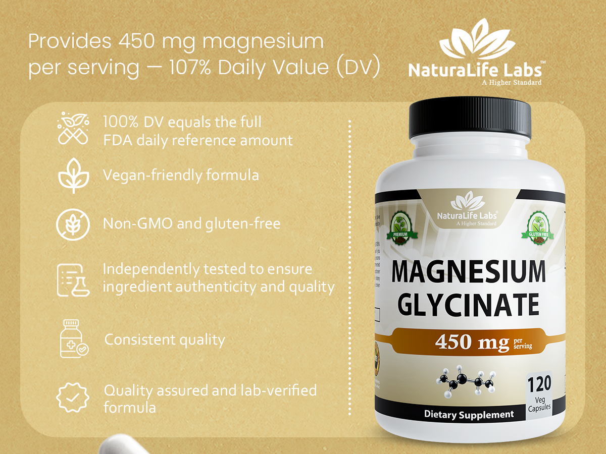 NaturaLife Labs Magnesium Glycinate - 450 mg per Serving – 120 Vegan Capsules - Non-GMO, Gluten-Free, Vegan
