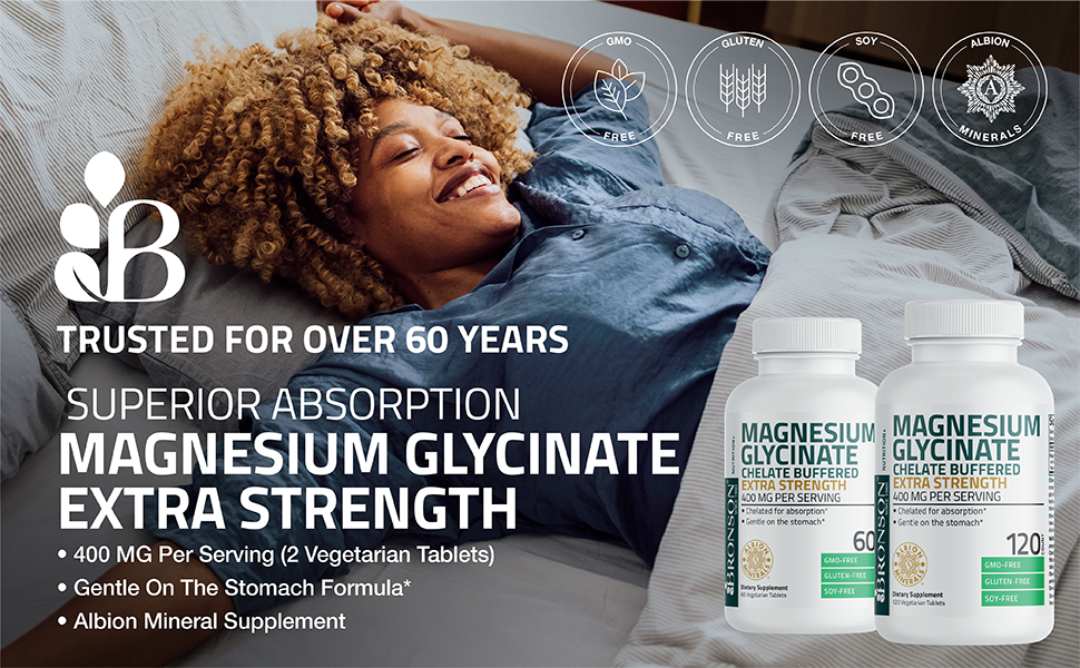 Bronson Magnesium Glycinate 400 mg Buffered & Chelated, 60 Tablets