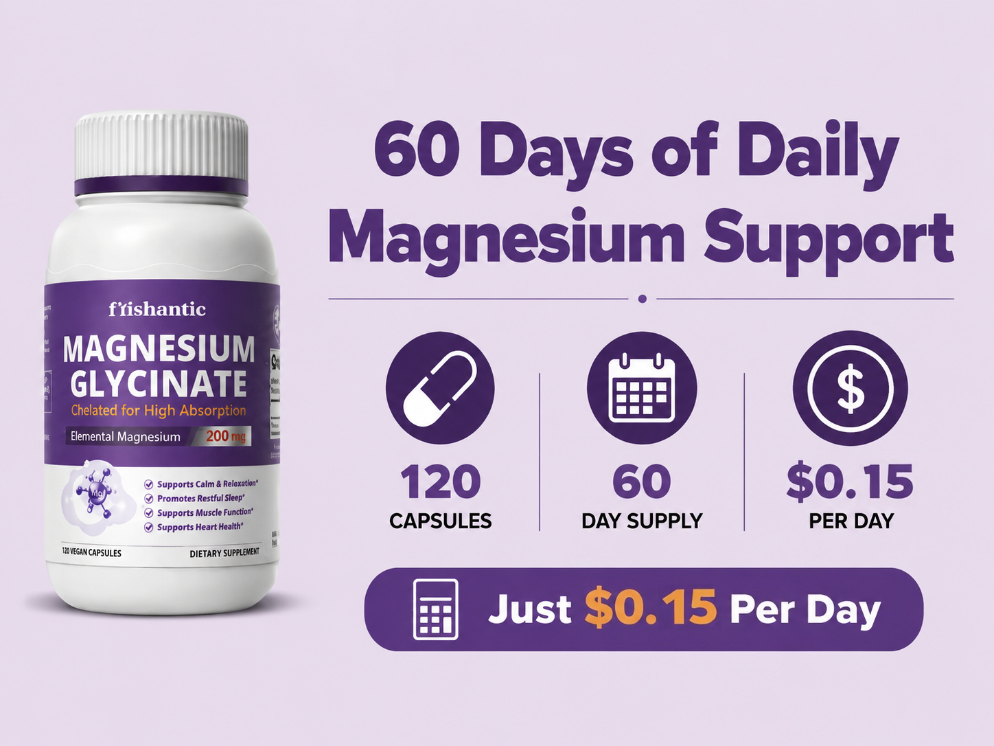 Magnesium Glycinate 200mg, 120 Vegan Capsules, 60-Day Supply