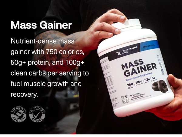 Transparent Labs Mass Gainer Protein Powder - Naturally Flavored Grass-Fed Whey w/ 53g Protein, 110g Carbs, High-Calorie Powder for Muscle Gain & Recovery, 3g Creatine - 15 Servings, Chocolate Glaze