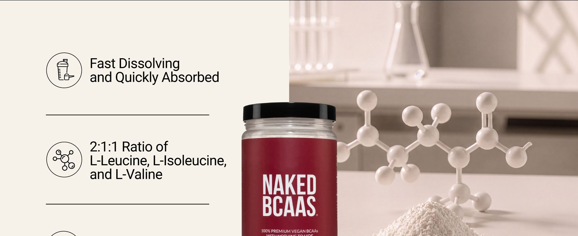 NAKED BCAAs Amino Acids Powder, Only 1 Ingredient, Pure 2:1:1 Formula, Vegan Unflavored Branched Chain Amino Acids, Instantized All Natural BCAA Supplement - 500 Grams, 100 Servings