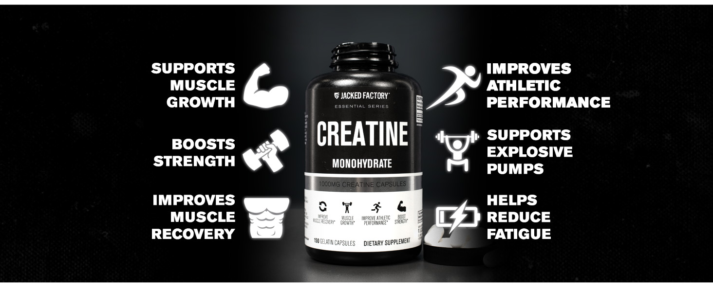Jacked Factory Creatine Monohydrate Capsules - Creatine Pills for Muscle Growth, Increased Strength, Enhanced Energy Output and Improved Athletic Performance - 150 Capsules