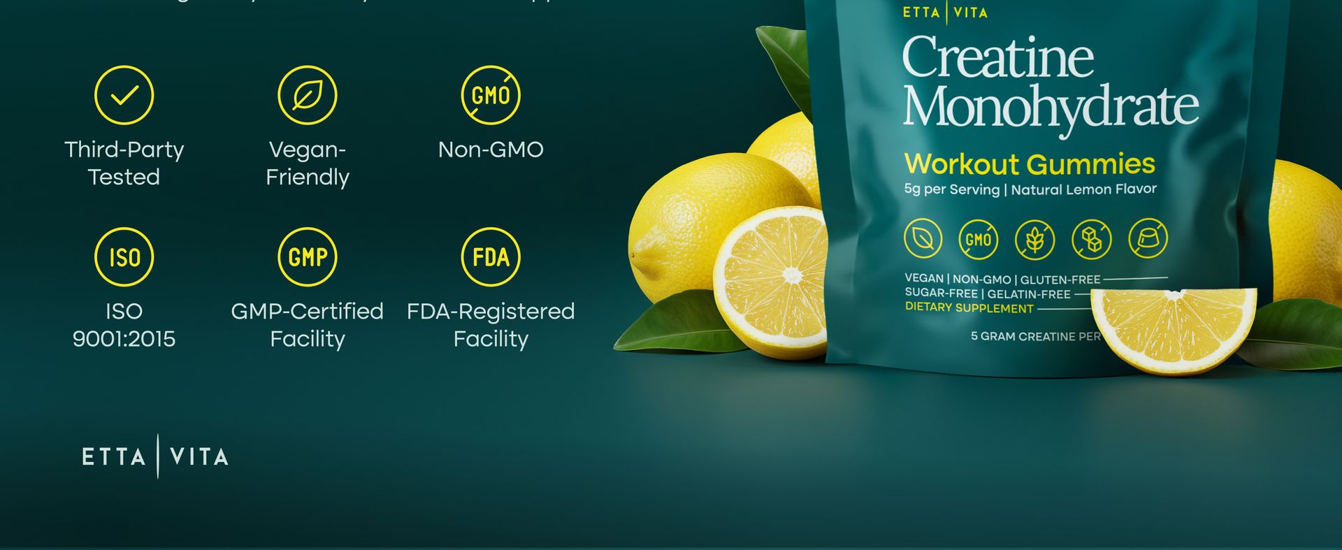 Sugar-Free Creatine Monohydrate Gummies - 5g per Serving, Lemon flavor 90Ct