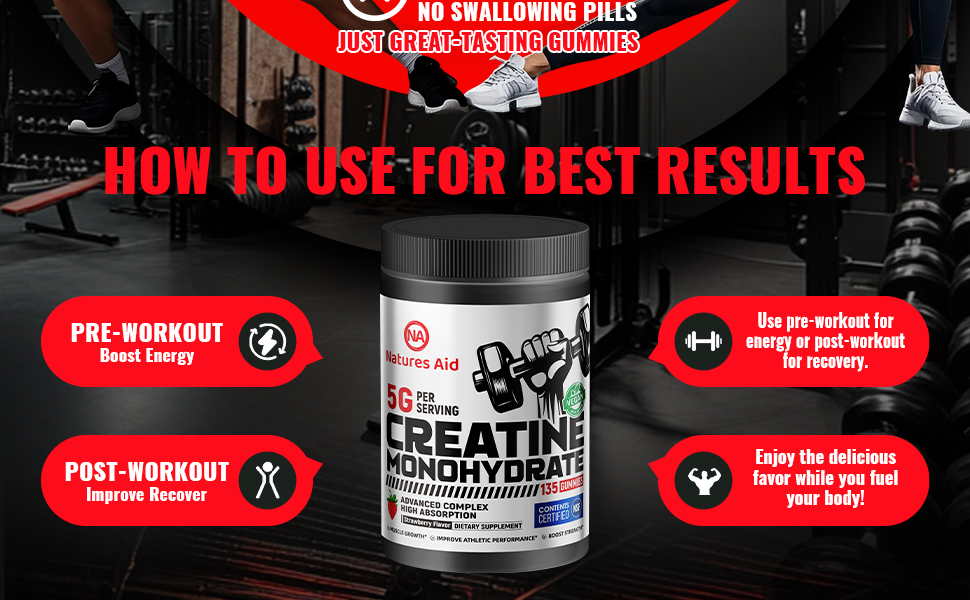Natures Aid NSF Certified Creatine Gummy 5g - Creatine Monohydrate Gummies – Pre-Workout Energy & Muscle Growth Support for Men & Women | Strawberry Electrolyte Gummies (135 Count)