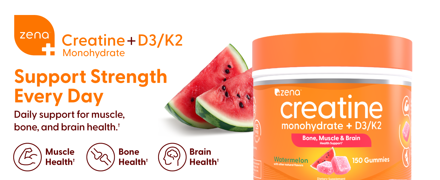 Zena Nutrition Creatine Gummies with D3 & K2, Creatine Monohydrate for Men and Women, Supports Bone, Muscle, & Cognitive Health, Gummy Workout Supplement, Watermelon Flavor, 150ct, 30 Daily Servings