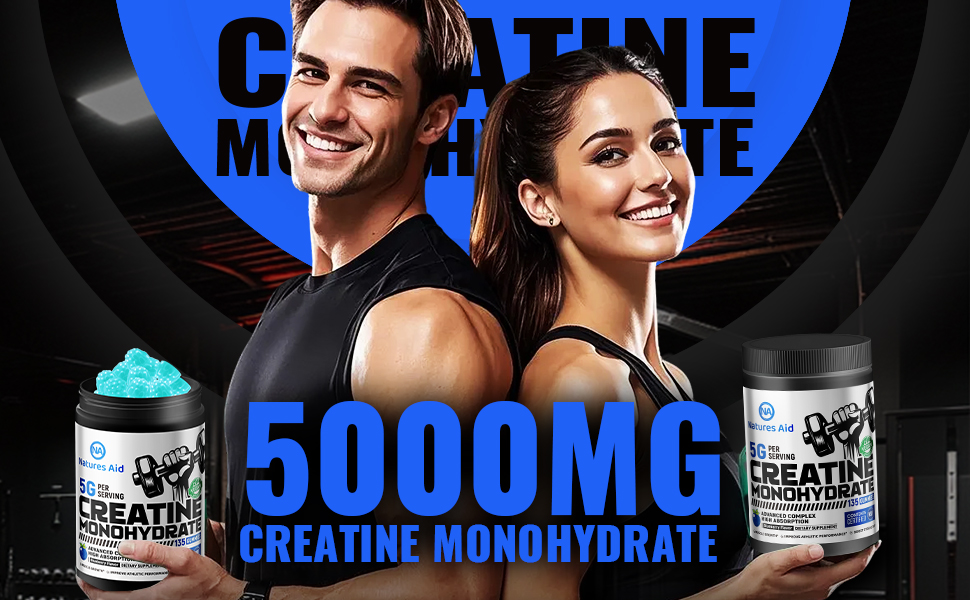 Natures Aid NSF Certified Creatine Gummy 5g - Creatine Monohydrate Gummies – Pre-Workout Energy & Muscle Growth Support for Men & Women | Blueberry Electrolyte Gummies (135 Count)
