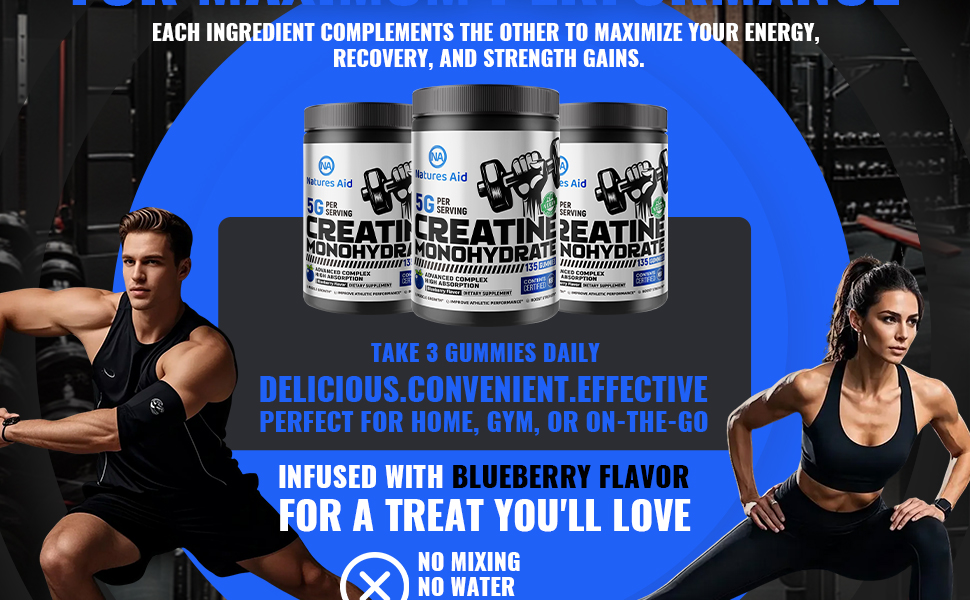 Natures Aid NSF Certified Creatine Gummy 5g - Creatine Monohydrate Gummies – Pre-Workout Energy & Muscle Growth Support for Men & Women | Blueberry Electrolyte Gummies (135 Count)