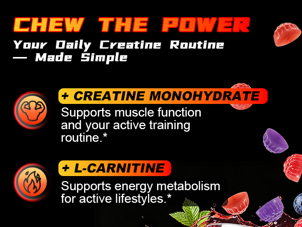 Creatine Monohydrate Gummies for Men & Women with L-Carnitine & Taurine