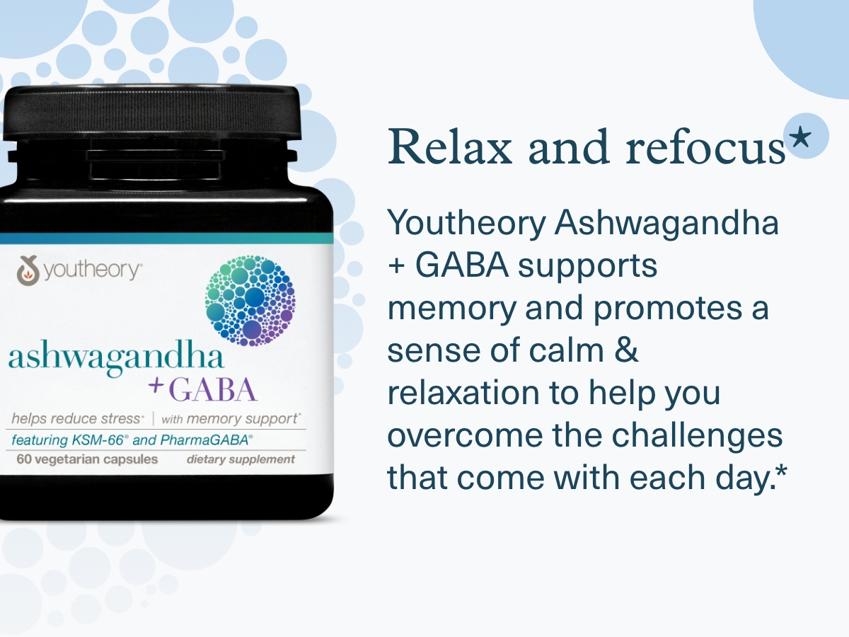 Youtheory Ashwagandha + GABA, 60 Vegetarian Capsules, 30-Day Supply