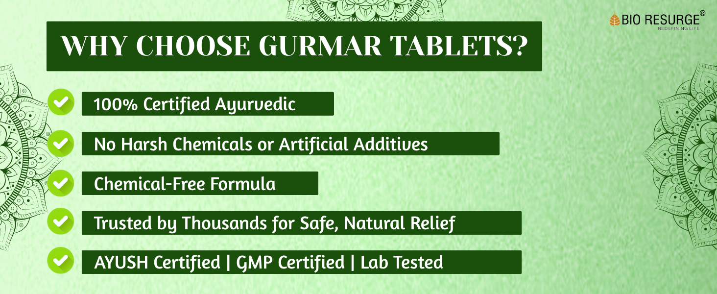 BIO RESURGE Gurmar Tablets 750mg – 120 Tablets | Gymnema Sylvestre 100% Ayurvedic & AYUSH Certified | Supports Blood Sugar, Reduces Sugar Cravings, Boosts Good Cholesterol & Heart Health | Pure Natural Leaves(Pack Of 2)