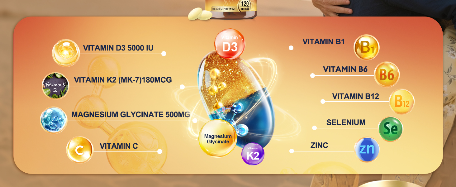 9-in-1 Magnesium Glycinate 500mg + Vitamin D3 5000 IU & K2 Complex - High Absorption - Healthy Stress, Sleep, Muscle Function, Bone Health & Energy Supports | Non-GMO, Gluten-Free 120 Softgels