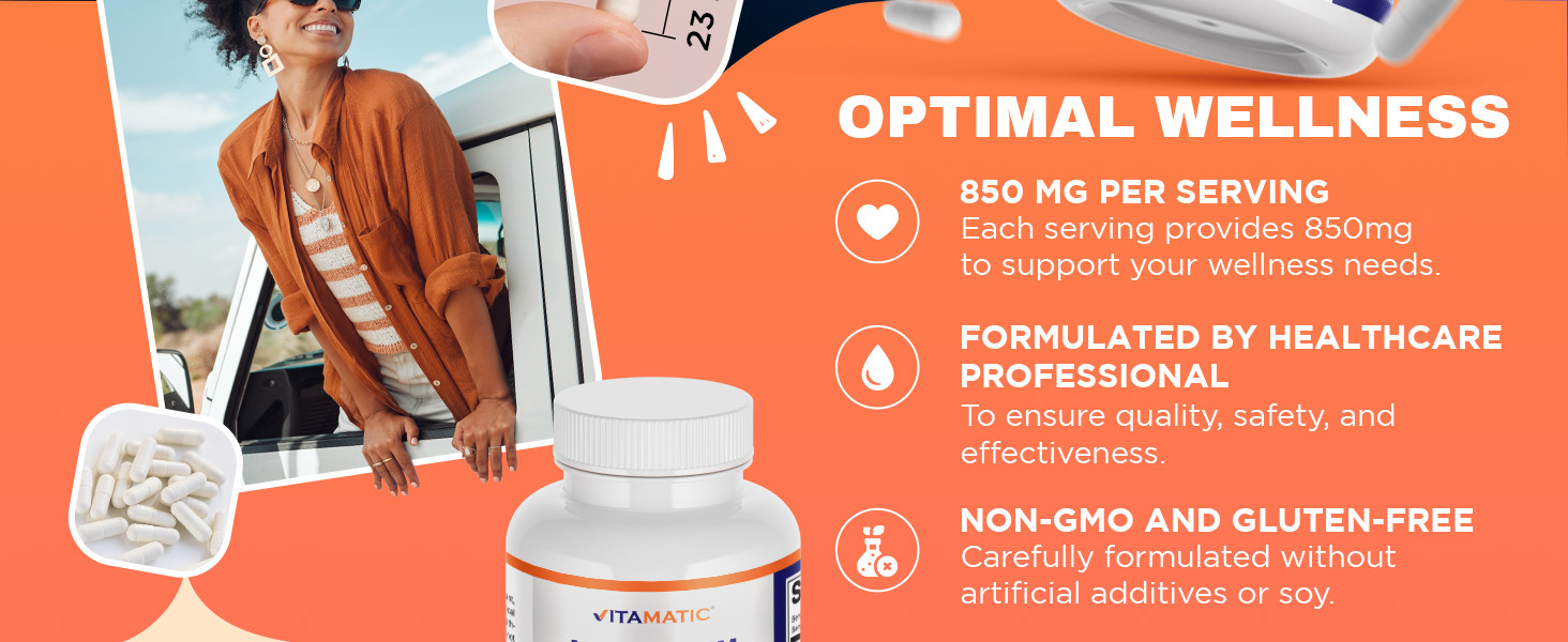 Vitamatic Magnesium Glycinate 850 mg (High Potency) – Supports Muscle, Nerve & Heart Health – 120 Veg Capsules – Non-GMO, Made in USA