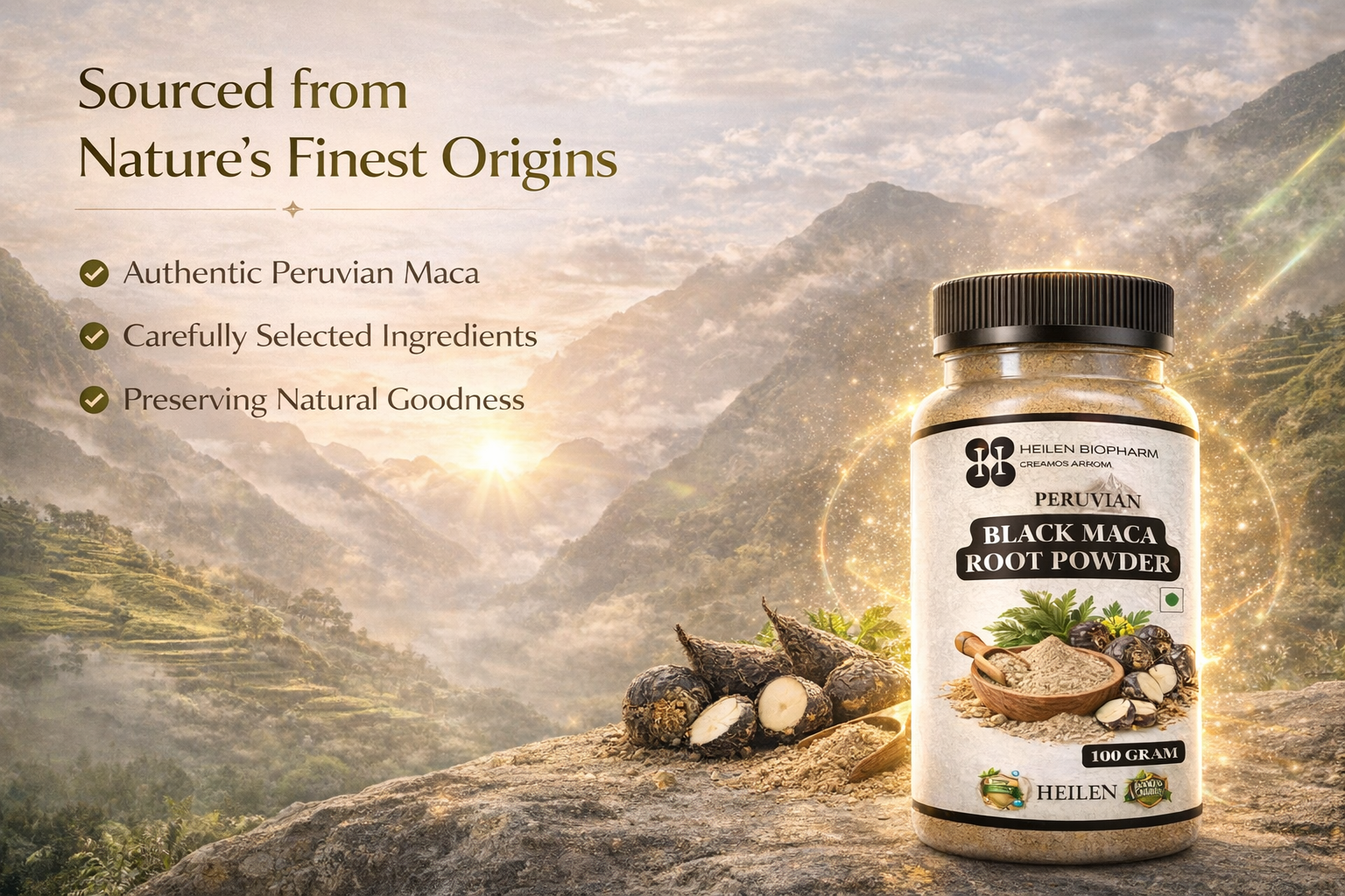 Heilen Biopharm Peruvian Black Maca Root Powder | Traditional Herb for Stamina & Energy Support | 100g Pack of 1 | Plant-Based Supplement | No Preservatives