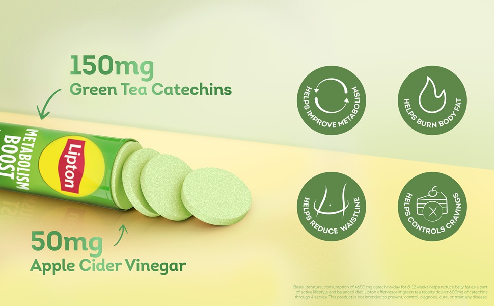 Lipton Metabolism Boost with 150mg Green Tea Catechins and 50mg ACV (Apple Cider Vinegar) | For Weight Loss & Fat Burn | Zero Calories | 16N Effervescent Tablets | Green Apple Flavour
