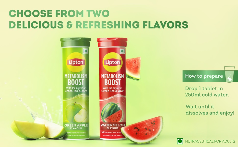 Lipton Metabolism Boost with 150mg Green Tea Catechins and 50mg ACV (Apple Cider Vinegar) | For Weight Loss & Fat Burn | Zero Calories | 16N Effervescent Tablets | Green Apple Flavour